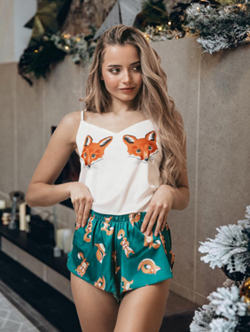 Женская шелковая пижама с шортами и с принтом лисы